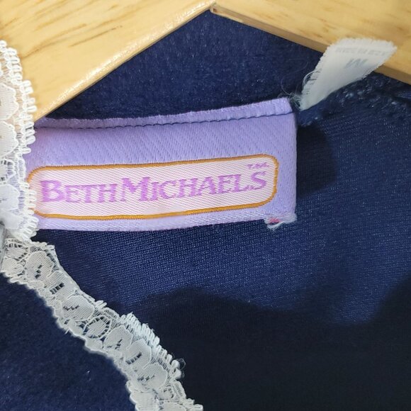 Beth Michaels Velour Robe Blue Medium Lace Long Sleeve Zip Pockets Granny VTG - Picture 9 of 11
